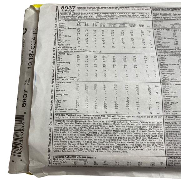 Vtg McCall's Girl's Medieval Dress Costume 8937 Cape Hat Sz 10 12 Zooterz UNCUT - Picture 12 of 15